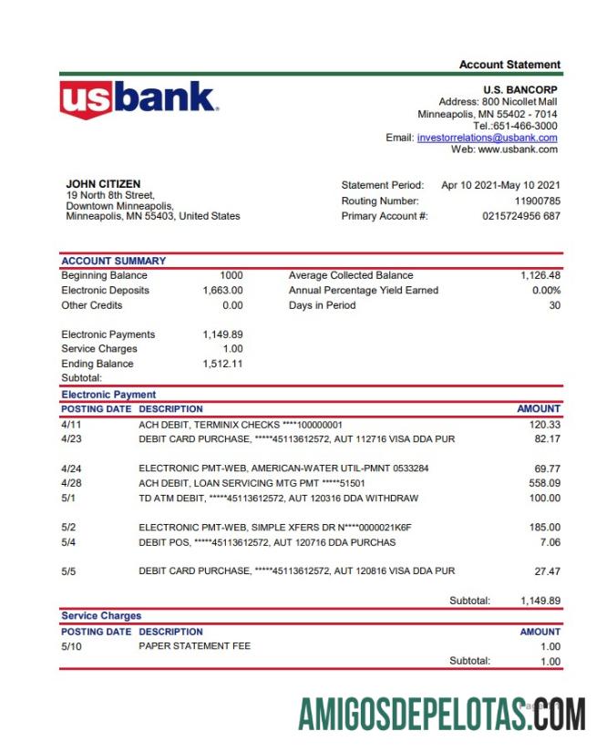 Extrato bancário do USA Bancorp em branco, fácil de preencher, modelo em formato de arquivo .xls e .pdf